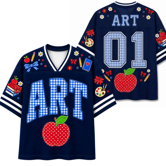 A split screen mockup showing the front and back of the navy blue Chaotic Club ART school staff jersey featuring blue gingham letters, red apple graphic, and back number 01.