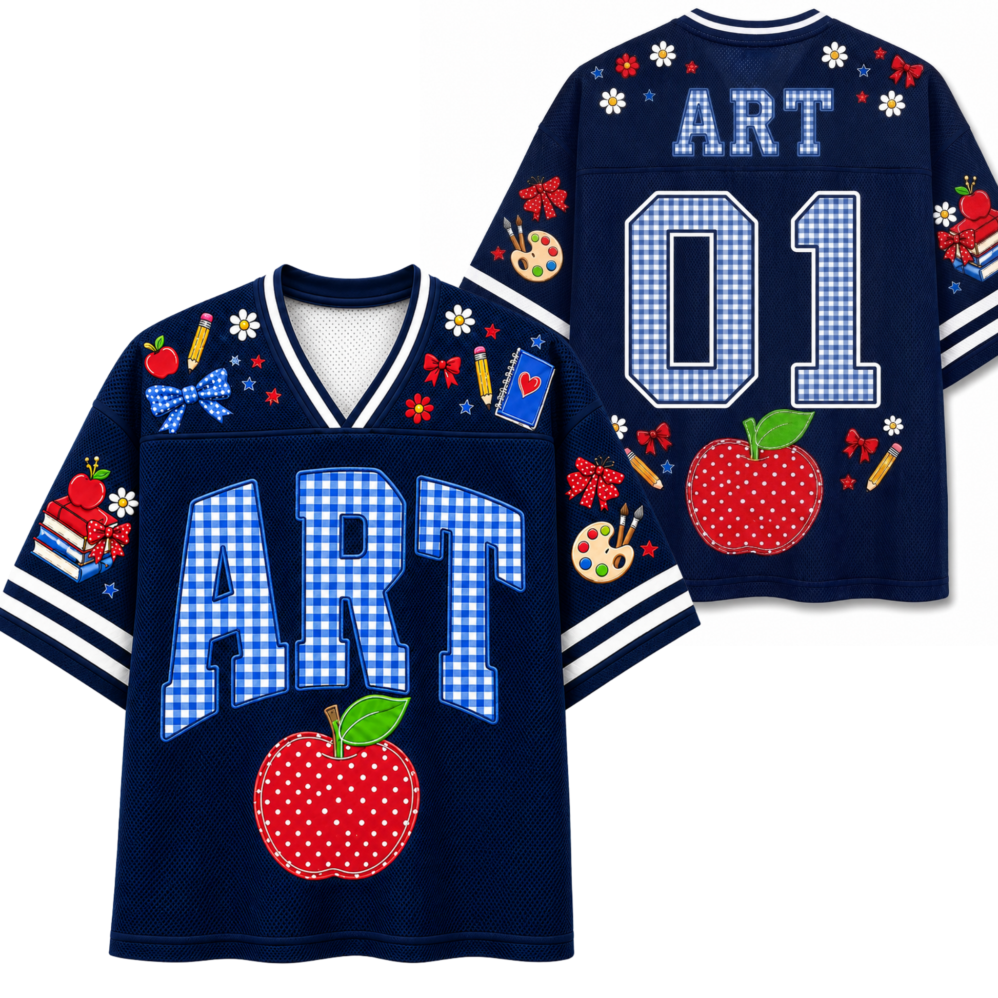 A split screen mockup showing the front and back of the navy blue Chaotic Club ART school staff jersey featuring blue gingham letters, red apple graphic, and back number 01.
