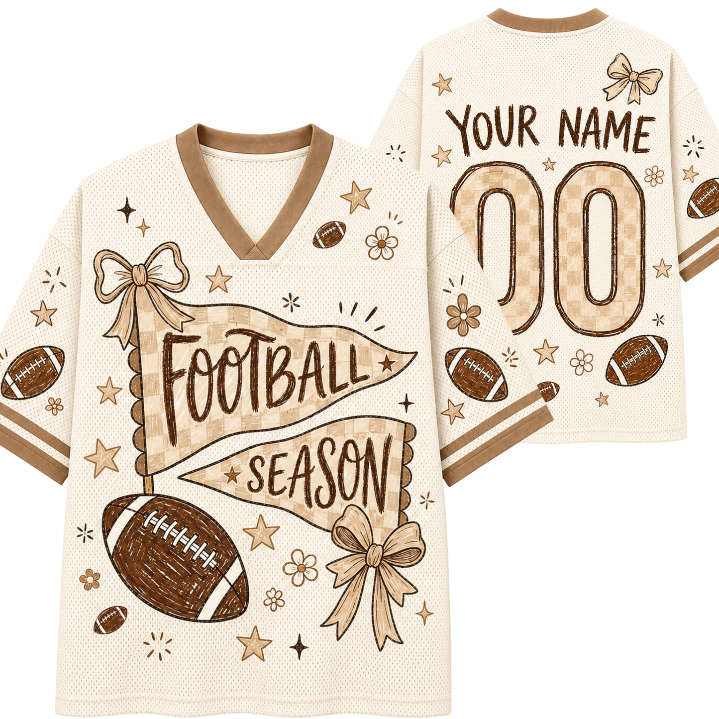 Front and back views of a customizable football-themed mesh jersey in cream and brown. The front features a large pennant graphic reading 'FOOTBALL SEASON' with a football, ribbon, stars, and small flowers.