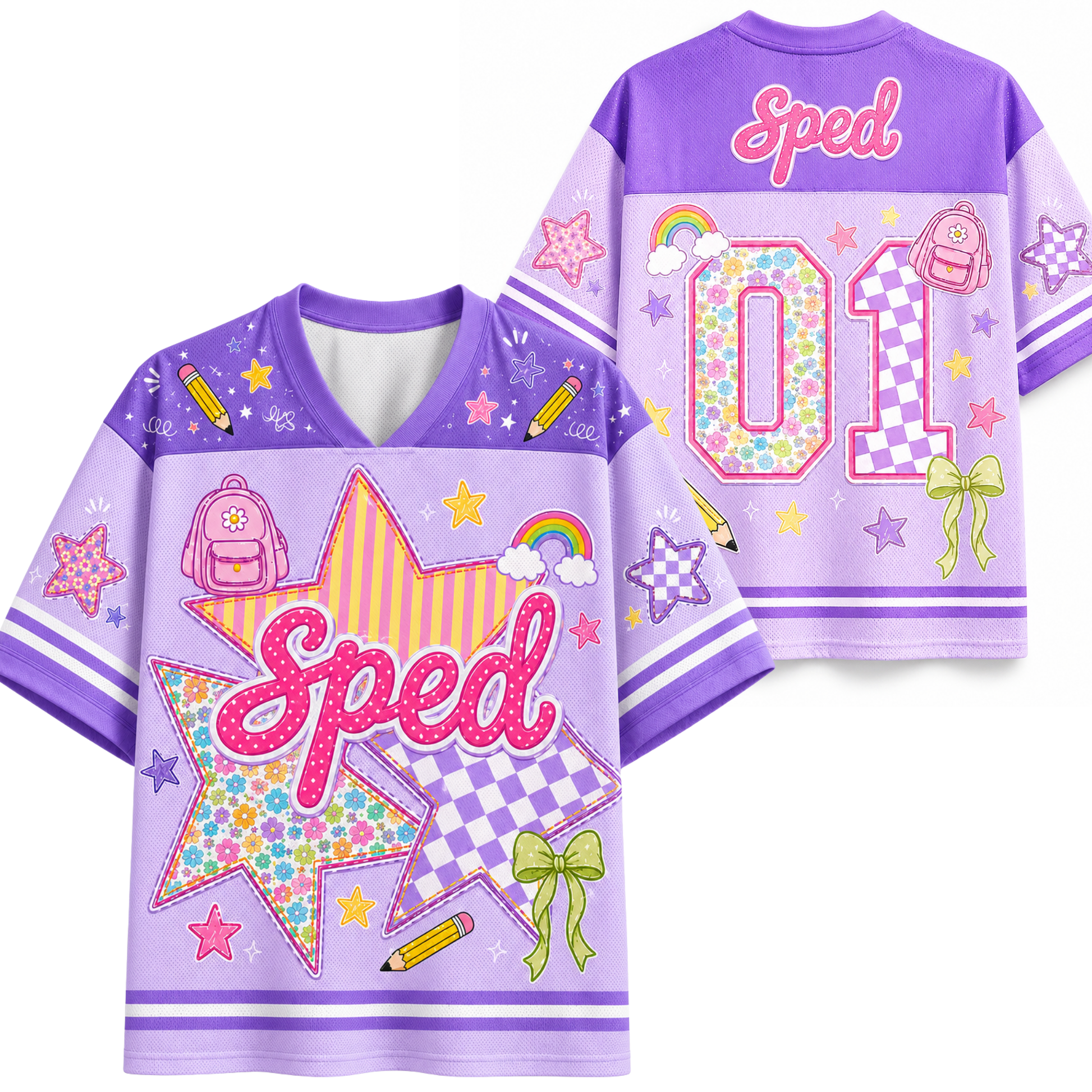 A split screen mockup showing the front and back of the pink Chaotic Club Sped school staff jersey featuring preppy star graphics, coquette bow, and back number 01.