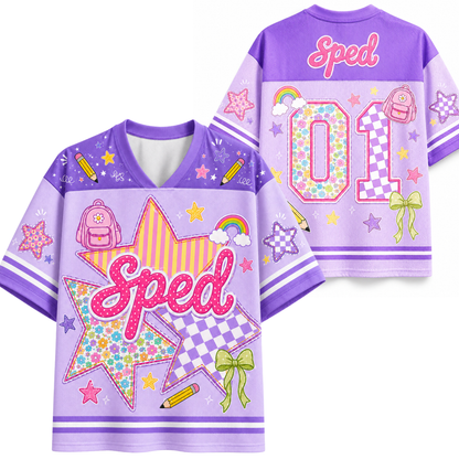 A split screen mockup showing the front and back of the pink Chaotic Club Sped school staff jersey featuring preppy star graphics, coquette bow, and back number 01.