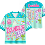 A split screen mockup showing the front and back of the pink Chaotic Club Counselor school staff jersey featuring preppy star graphics, coquette bow, and back number 01