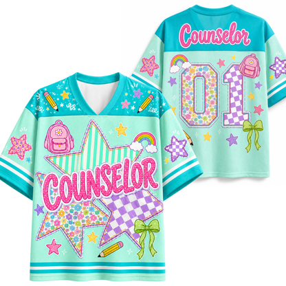 A split screen mockup showing the front and back of the pink Chaotic Club Counselor school staff jersey featuring preppy star graphics, coquette bow, and back number 01