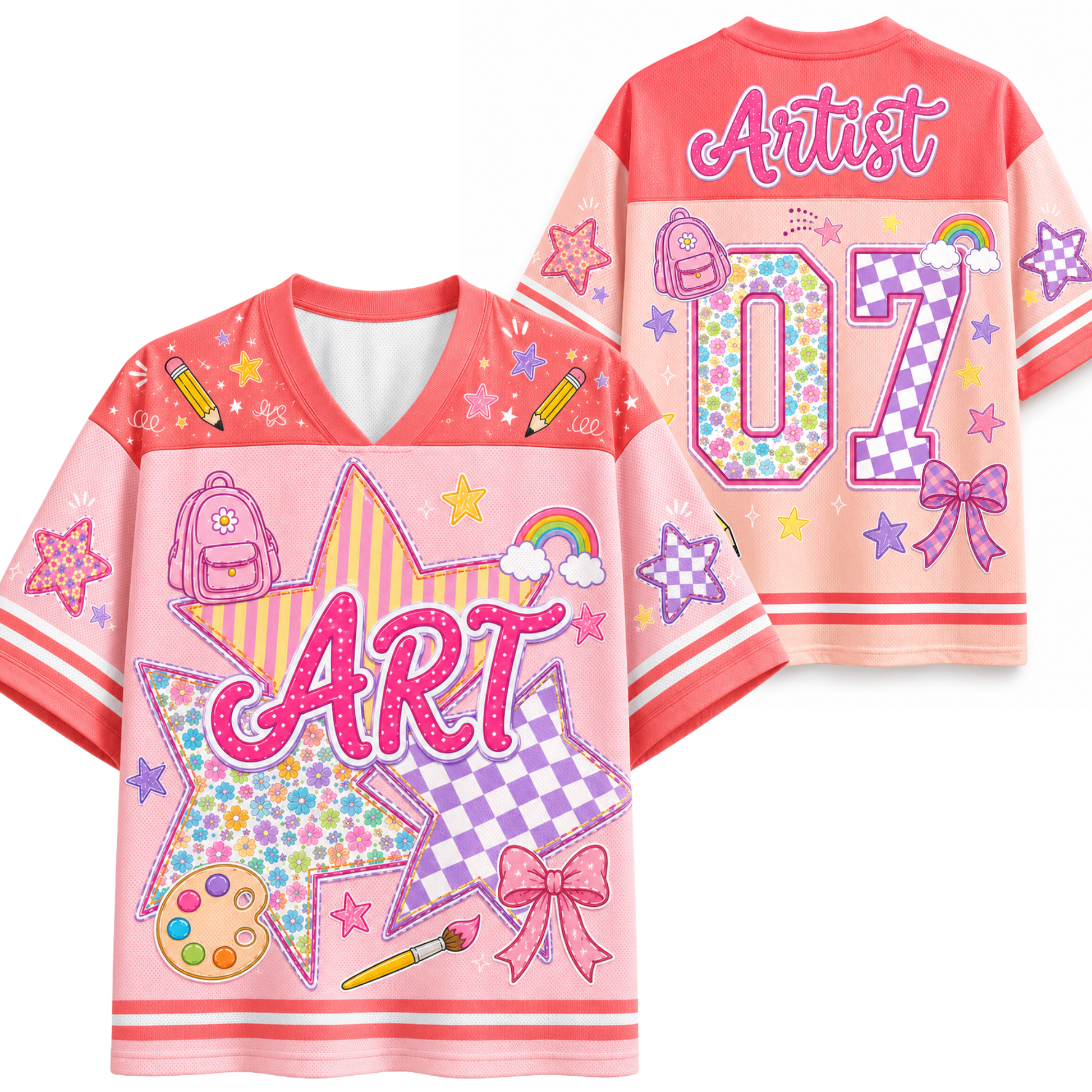 A split screen mockup showing the front and back of the pink Chaotic Club Art school staff jersey featuring preppy star graphics, coquette bow, and back number 07.