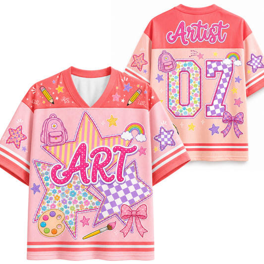A split screen mockup showing the front and back of the pink Chaotic Club Art school staff jersey featuring preppy star graphics, coquette bow, and back number 07.