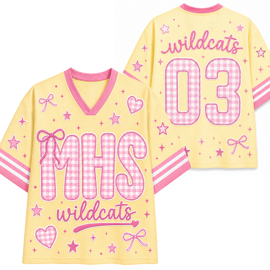 Front and back mockup preview of the pastel yellow and pink Chaotic Club jersey featuring MHS pink gingham letters, coquette bows, and Wildcats number 03.