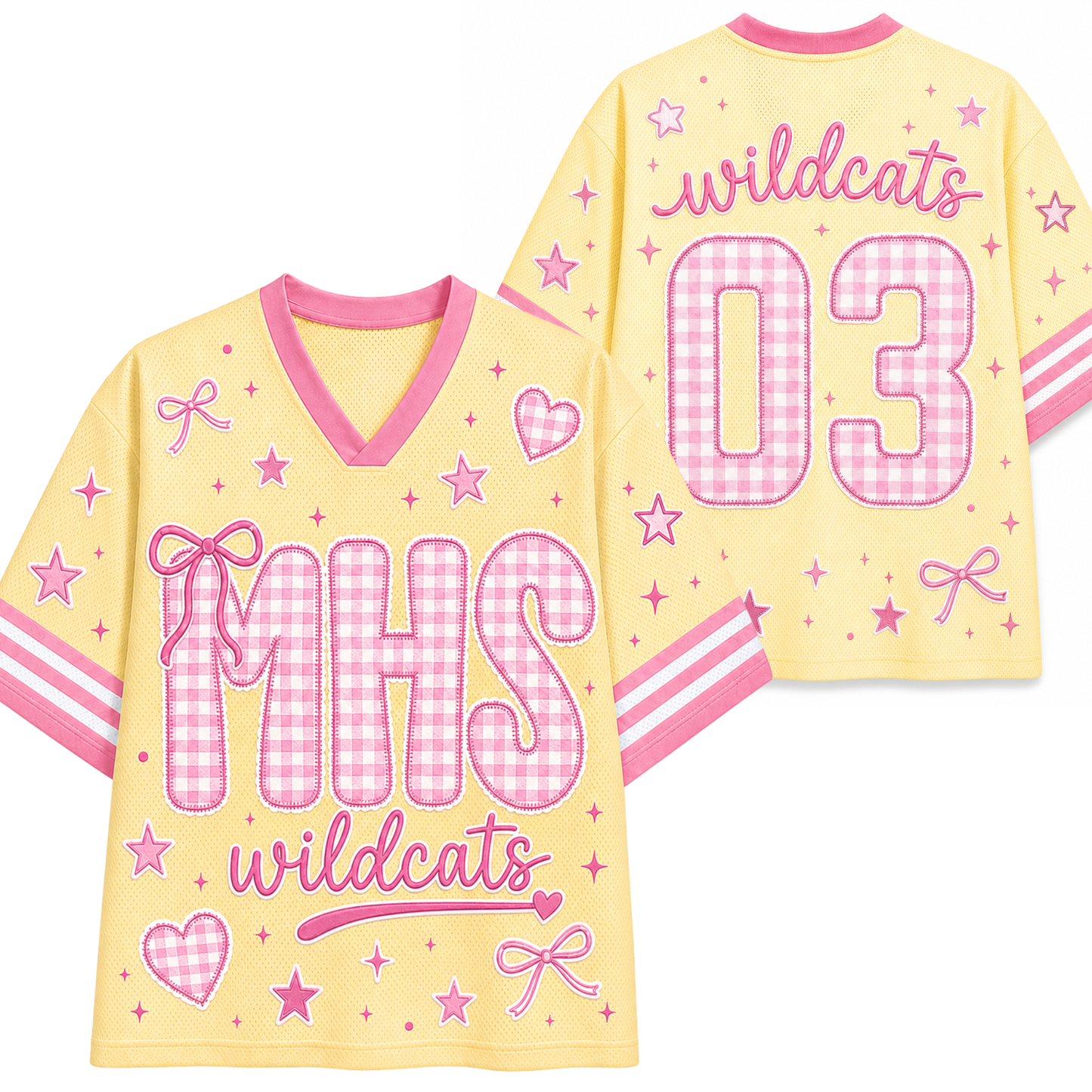 Front and back mockup preview of the pastel yellow and pink Chaotic Club jersey featuring MHS pink gingham letters, coquette bows, and Wildcats number 03.
