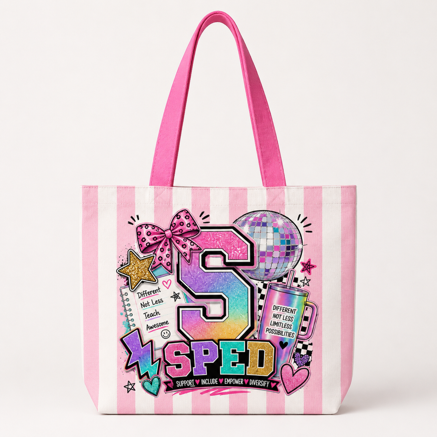 A pink and white striped canvas tote bag with bright pink handles, featuring a colorful retro 'SPED' graphic with a disco ball, stars, and doodles on the front.