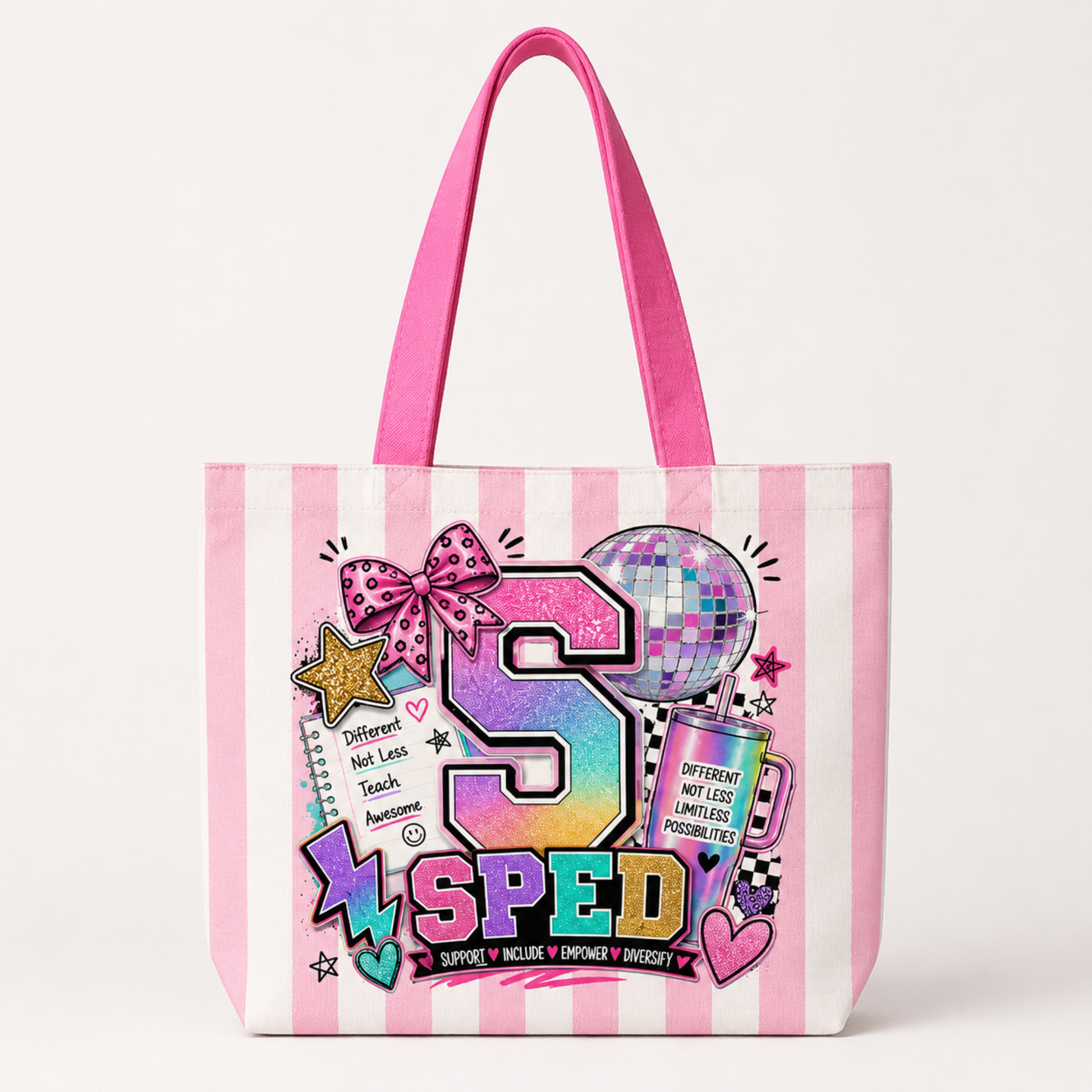 A pink and white striped canvas tote bag with bright pink handles, featuring a colorful retro 'SPED' graphic with a disco ball, stars, and doodles on the front.