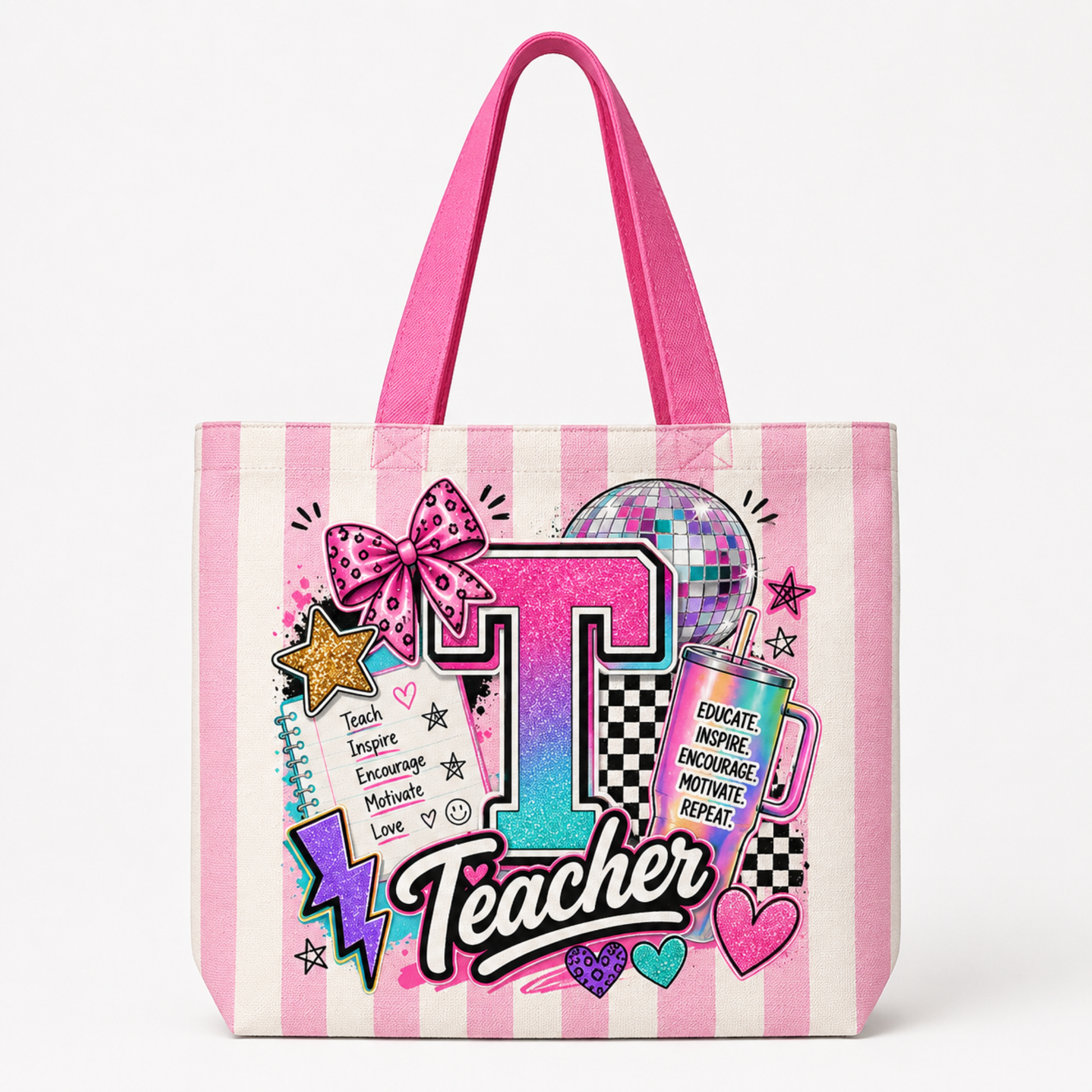 A pink and white striped tote bag featuring a colorful retro 'Teacher' graphic with a large letter 'T', a disco ball, stars, hearts, and motivational text, shown on a clean white background.