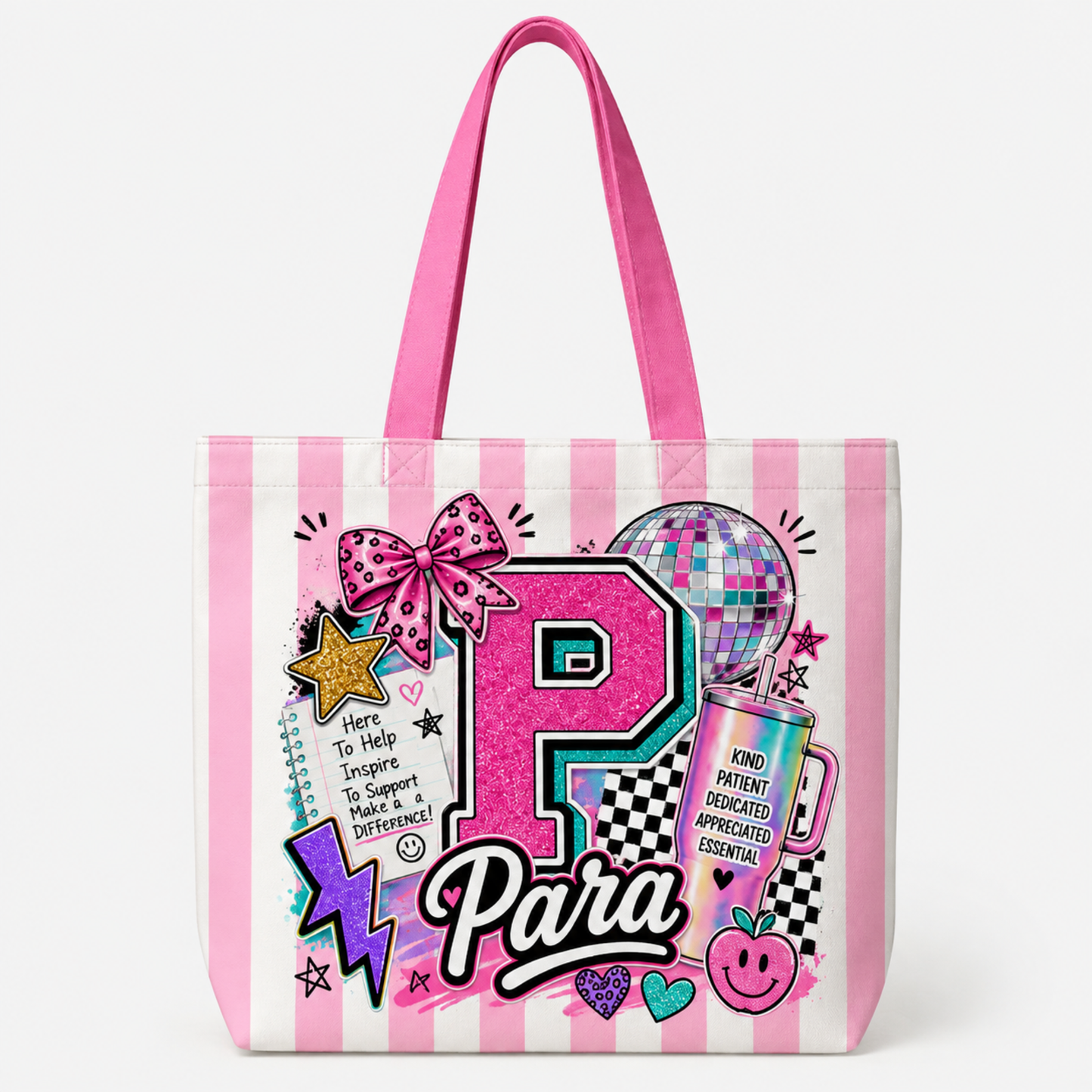 A pink and white striped tote bag featuring a colorful retro graphic with the word 'Para' in script, a large pink letter 'P', a disco ball, stars, and doodles, shown on a clean white background.