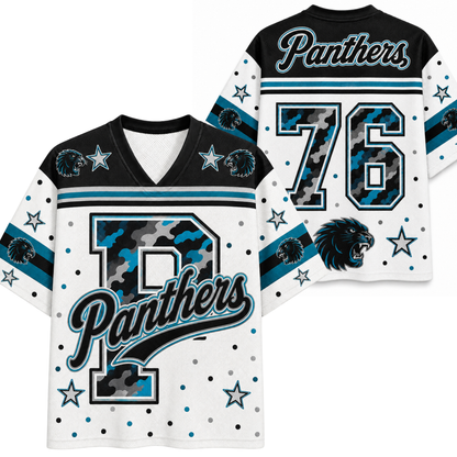 White Carolina Panthers football jersey with black and blue camouflage details, featuring the Panthers logo, number 76, and player name on the back, shown alongside the front view.