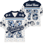 Custom football jersey shown from both front and back views. The jersey is white with navy blue and light blue accents, featuring a camouflage pattern on the large letter 'M', the number '76', and sleeve stripes.