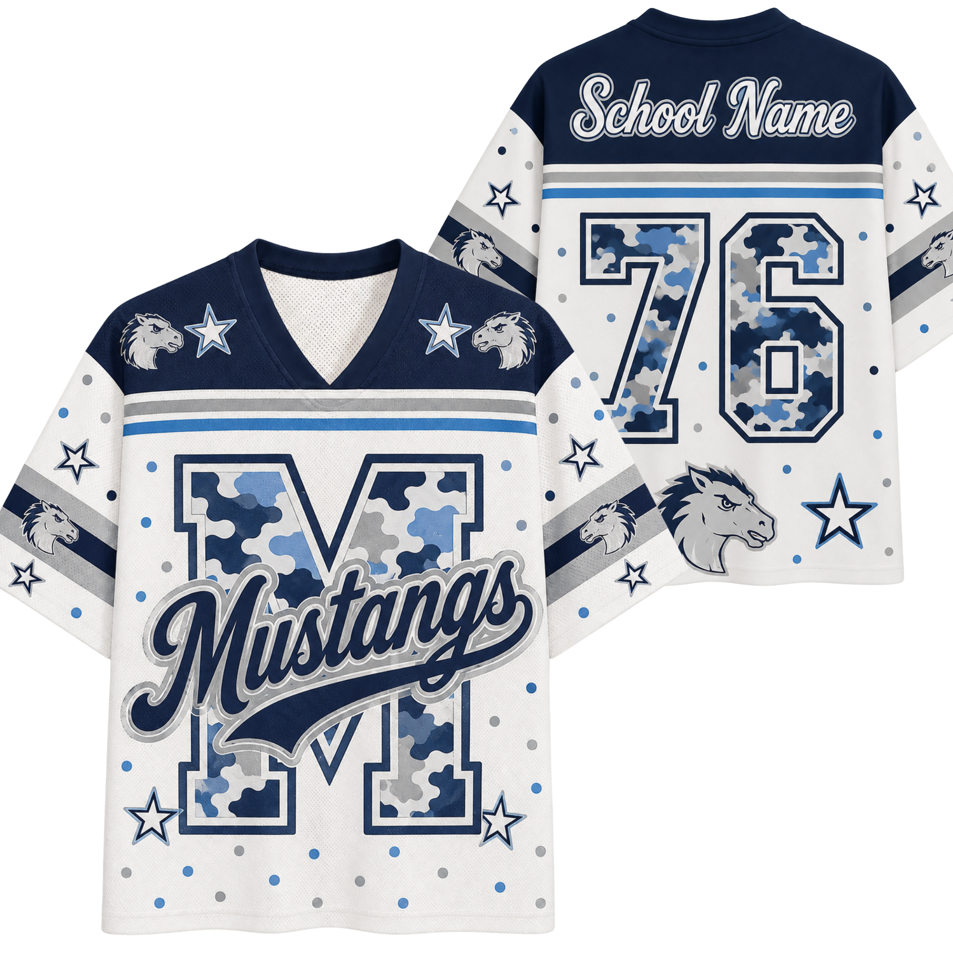 Custom football jersey shown from both front and back views. The jersey is white with navy blue and light blue accents, featuring a camouflage pattern on the large letter 'M', the number '76', and sleeve stripes.