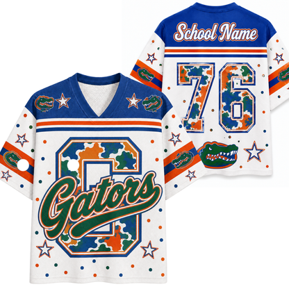 Custom Florida Gators football jersey shown from both front and back views. The jersey features a white base with blue and orange stripes, a large camouflage patterned number 8 on the front, 'Gators' script in green and orange, alligator patches, and 'School Name' and number placeholders on the back.