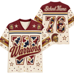 A custom Spartan Warriors football jersey shown from both front and back views. The jersey features a cream base with maroon and gold accents, a camouflage pattern on the large letter 'W' and number '76', and a Spartan helmet graphic on the shoulders and back.