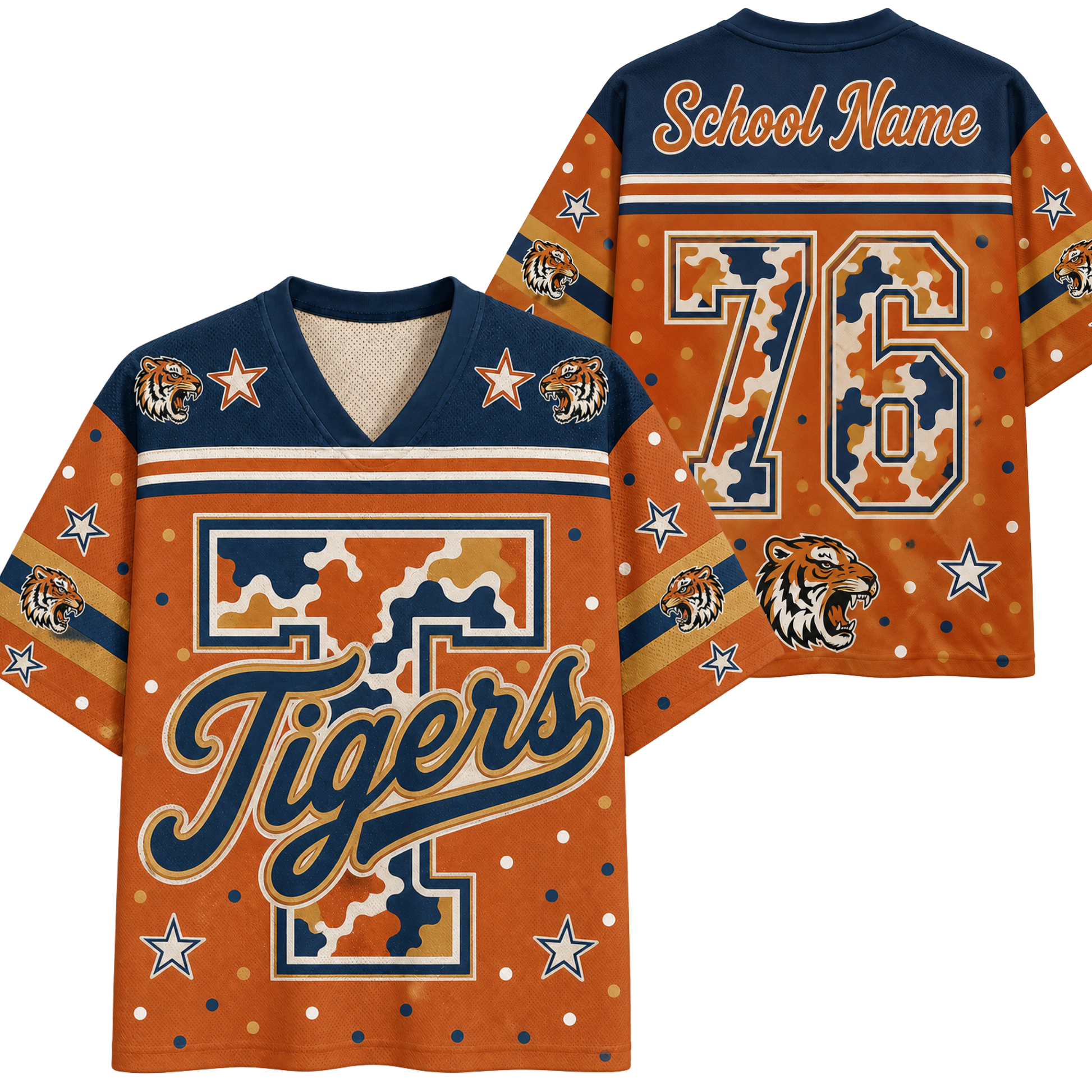 Front and back views of an orange and navy blue Tigers football jersey with camouflage pattern details, custom name placeholder 'School Name', and number '76'.