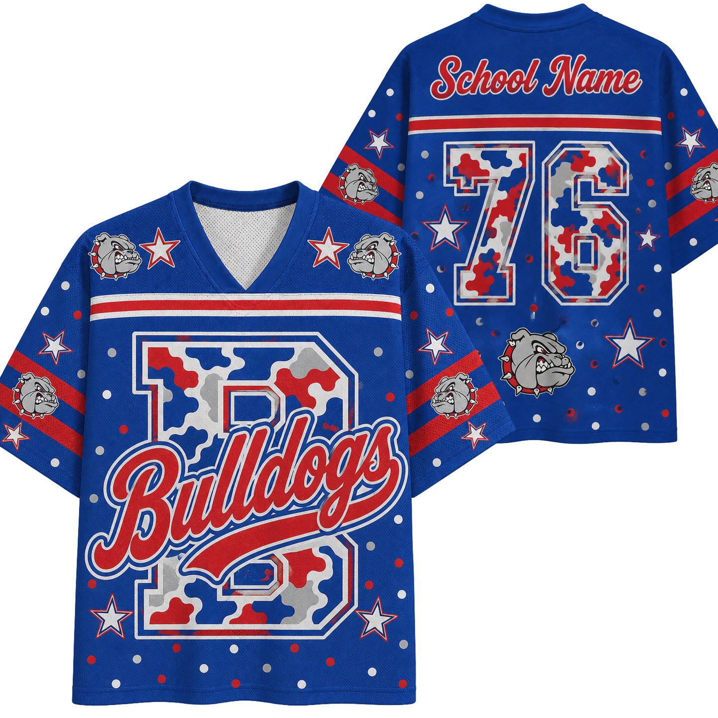 A blue custom Bulldogs jersey shown from both front and back. The design features a red, white, and blue camouflage pattern on the large number 8, 'Bulldogs' script, stars, and the bulldog mascot logo.