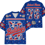 A blue custom Bulldogs jersey shown from both front and back. The design features a red, white, and blue camouflage pattern on the large number 8, 'Bulldogs' script, stars, and the bulldog mascot logo.