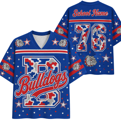 A blue custom Bulldogs jersey shown from both front and back. The design features a red, white, and blue camouflage pattern on the large number 8, 'Bulldogs' script, stars, and the bulldog mascot logo.