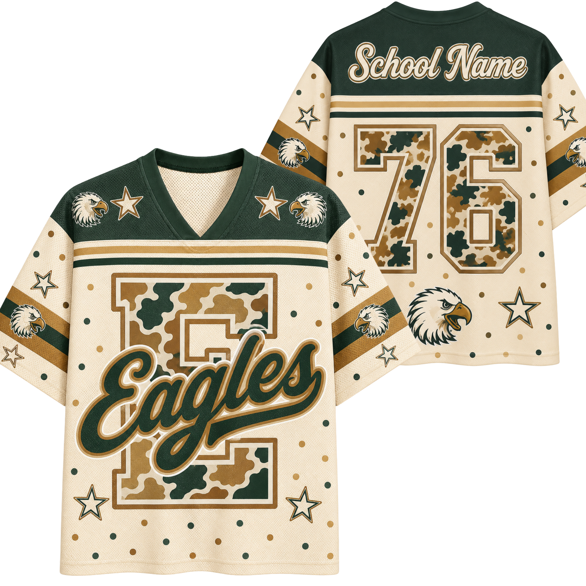 A custom football jersey shown from both front and back. The jersey features a cream base with dark green and tan camouflage patterns, decorated with eagle head graphics, stars, and the word 'Eagles' on the front.