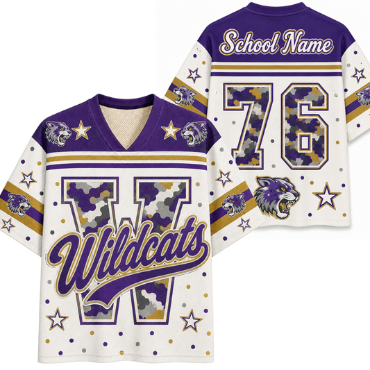 Customizable white and purple football jersey with camouflage details, featuring 'Wildcats' script, a large 'W' with camo fill, 'School Name' on the back, and the number '76'.