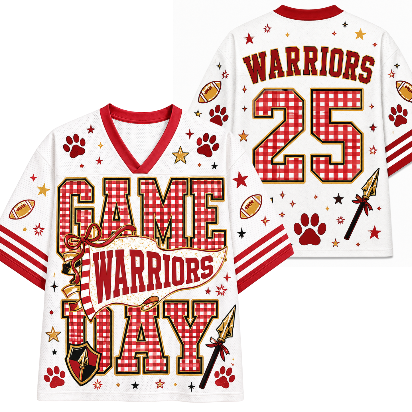 White football-style jersey shown from front and back with red and gold gingham graphics, the word 'WARRIORS' on the back, number 25, and 'GAME WARRIORS' on the front, plus paw prints, stars, footballs, and arrows.
