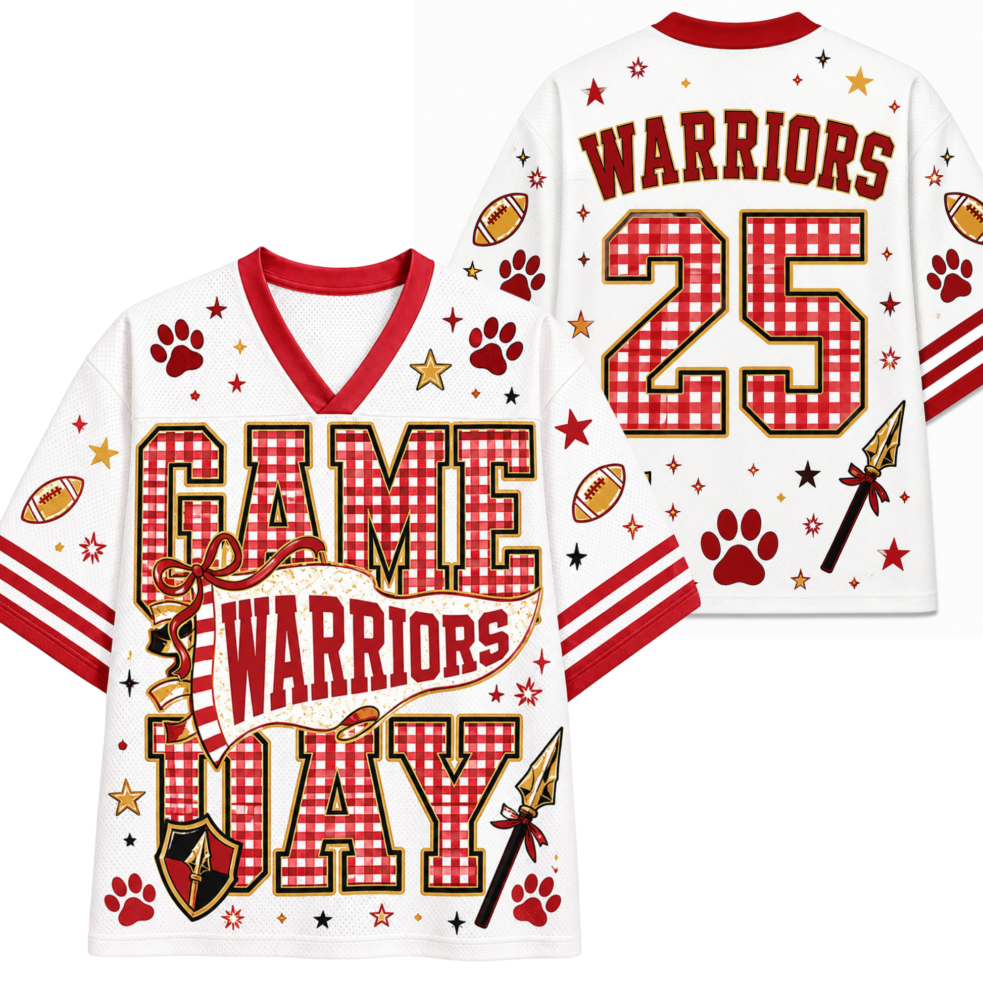 White football-style jersey shown from front and back with red and gold gingham graphics, the word 'WARRIORS' on the back, number 25, and 'GAME WARRIORS' on the front, plus paw prints, stars, footballs, and arrows.