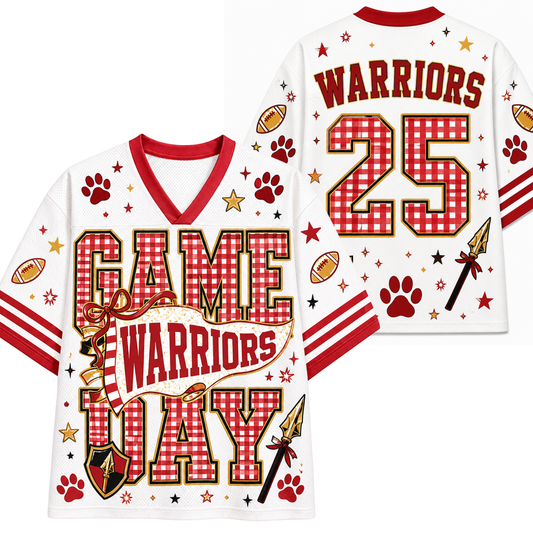 White football-style jersey shown from front and back with red and gold gingham graphics, the word 'WARRIORS' on the back, number 25, and 'GAME WARRIORS' on the front, plus paw prints, stars, footballs, and arrows.