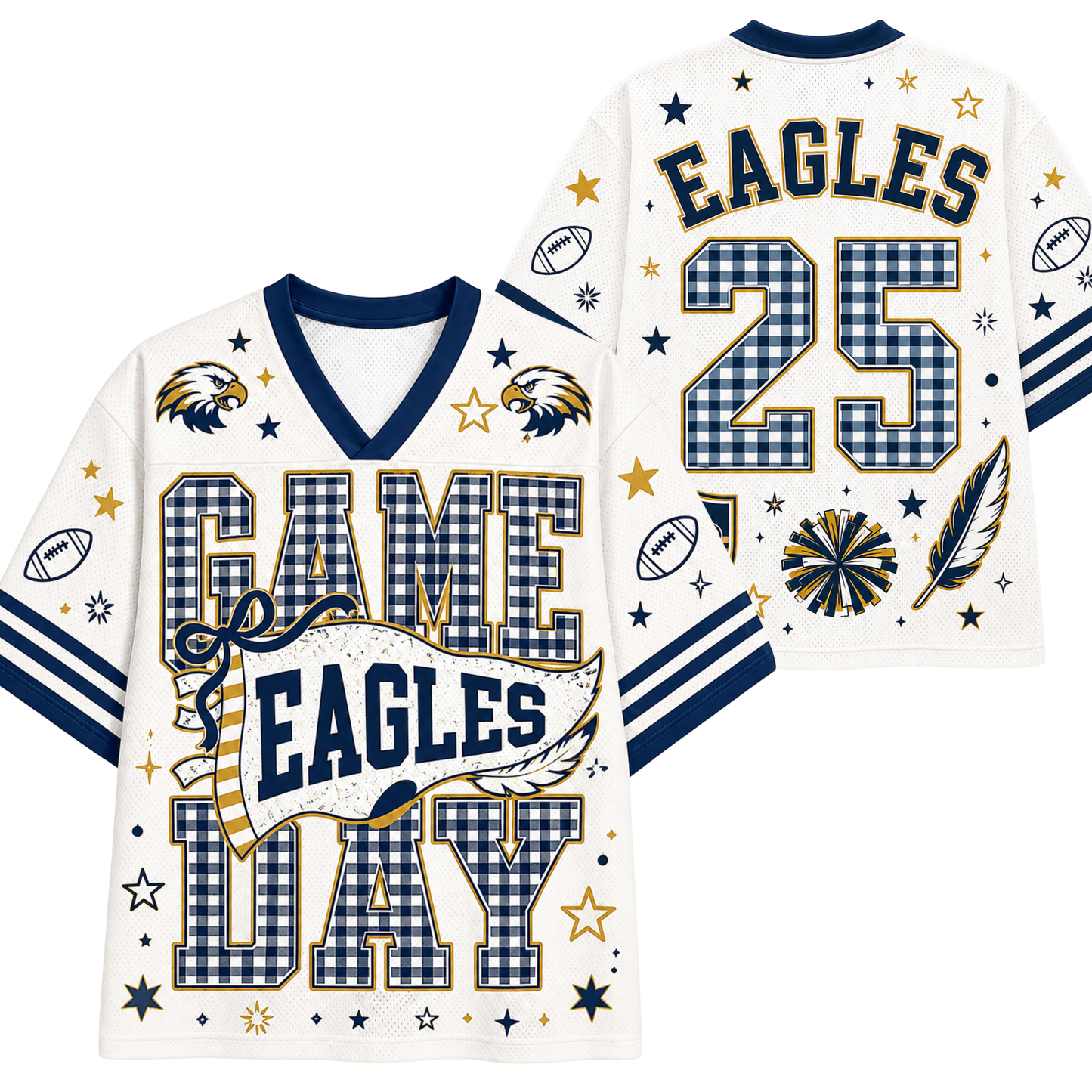 A white football-style jersey shown from the front and back, decorated with navy and gold graphics. The front reads 'GAME EAGLES DAY' with large gingham-style lettering, eagle heads, footballs, stars, and stripes on the sleeves.