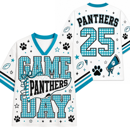White football-style jersey shown from the front and back with 'GAME PANTHERS DAY' text, large number 25 on the back, 'PANTHERS' at the top, paw prints, stars, stripes, and gingham pattern details.