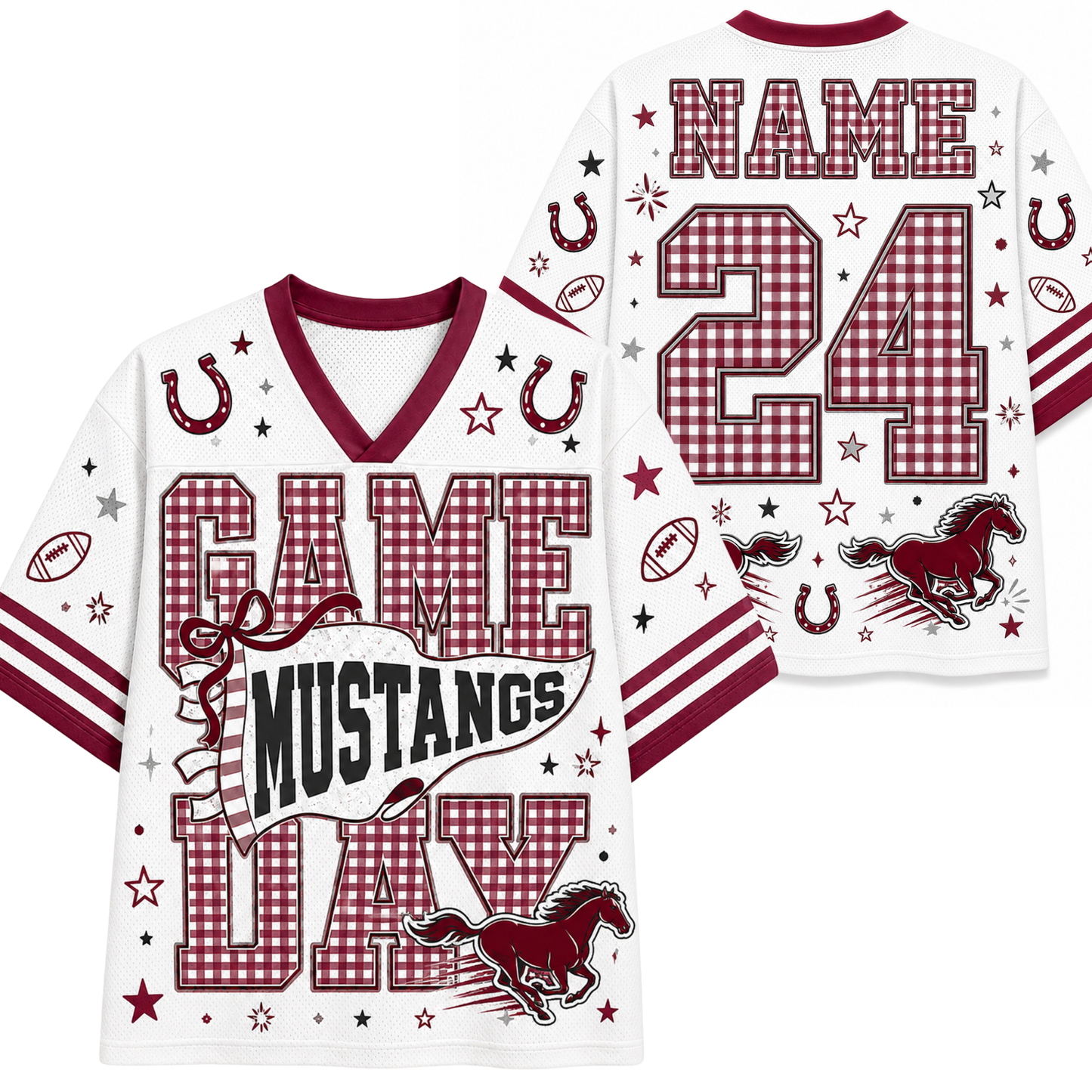 White football-style jersey shown from the front and back with maroon trim, gingham number panels, horseshoes, stars, footballs, and a mustang graphic. The front reads “GAME MUSTANGS DAY,” and the back has a large gingham “NAME 24” with a mustang and stars.