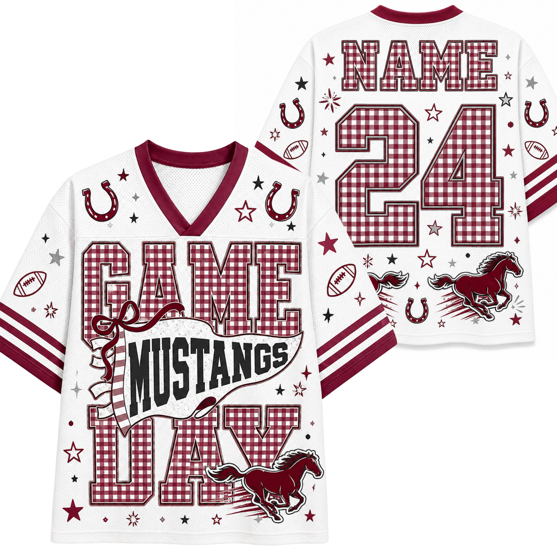 White football-style jersey shown from the front and back with maroon trim, gingham number panels, horseshoes, stars, footballs, and a mustang graphic. The front reads “GAME MUSTANGS DAY,” and the back has a large gingham “NAME 24” with a mustang and stars.