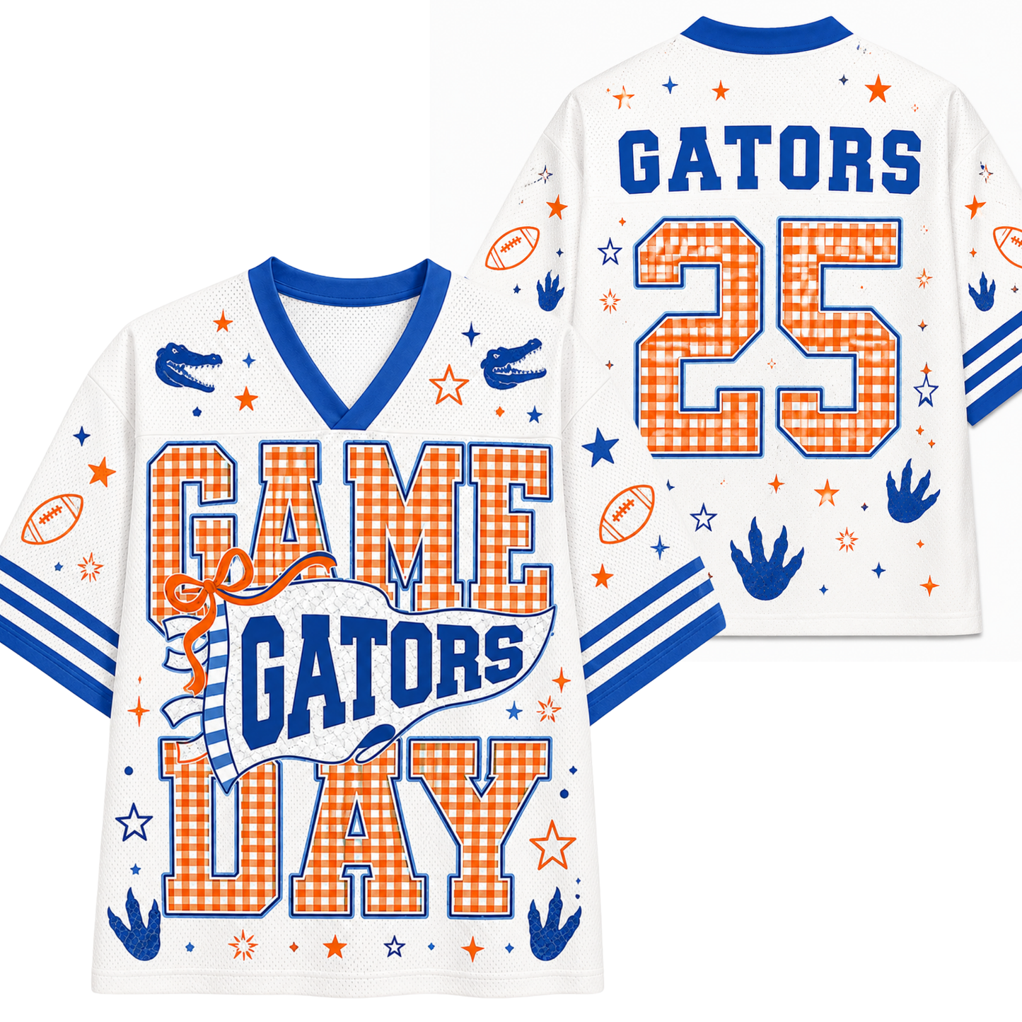 White V-neck football jersey shown from the front and back, featuring 'GATORS DAY' and 'GATORS 25' in orange gingham block letters, with blue trim, stars, alligator silhouettes, and football motifs.