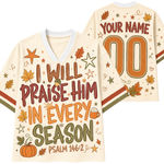 Front and back view mockup of the cream Chaotic Club Christian autumn jersey featuring 'I Will Praise Him In Every Season' Psalm 146:2 typography, custom name, and number 00.