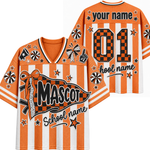 Customizable orange and white striped V-neck jersey shown from both front and back. Features placeholder text 'your name', '01', 'School name', and decorative stars, bows, and a large 'Mascot' banner graphic.