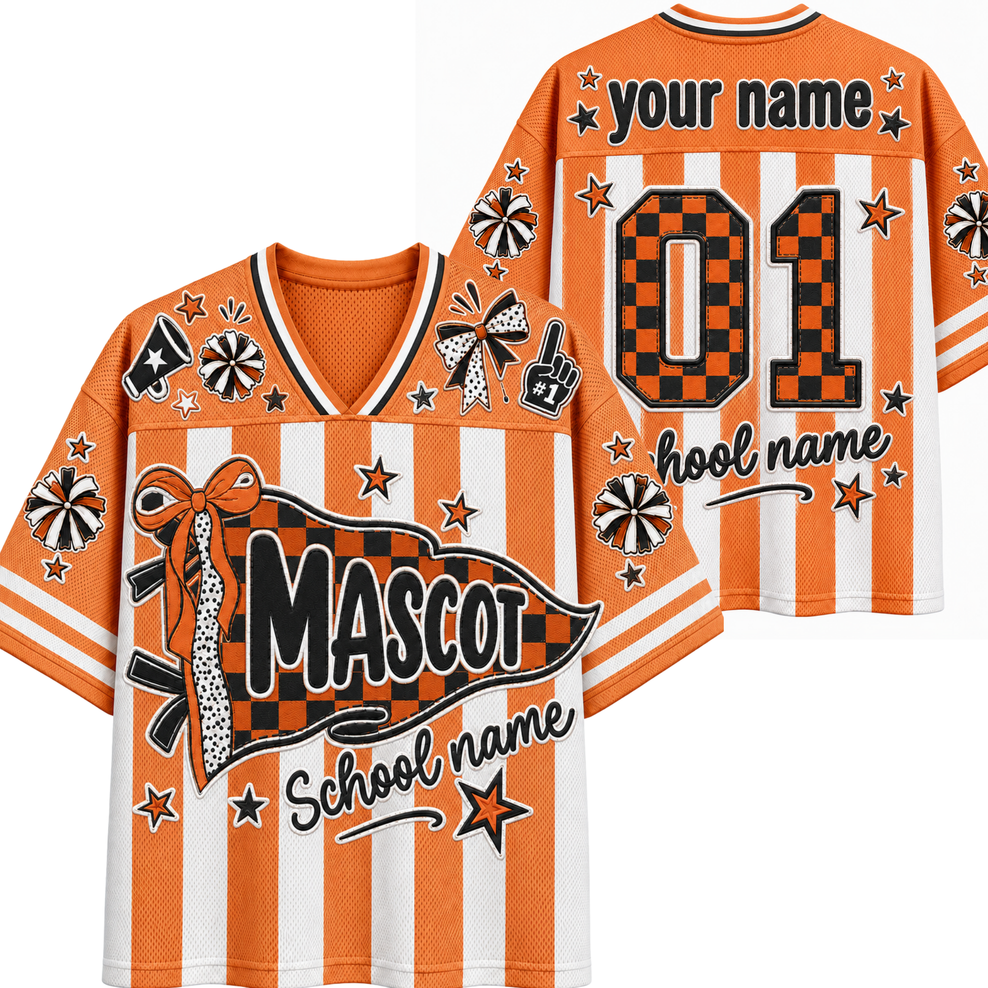 Customizable orange and white striped V-neck jersey shown from both front and back. Features placeholder text 'your name', '01', 'School name', and decorative stars, bows, and a large 'Mascot' banner graphic.