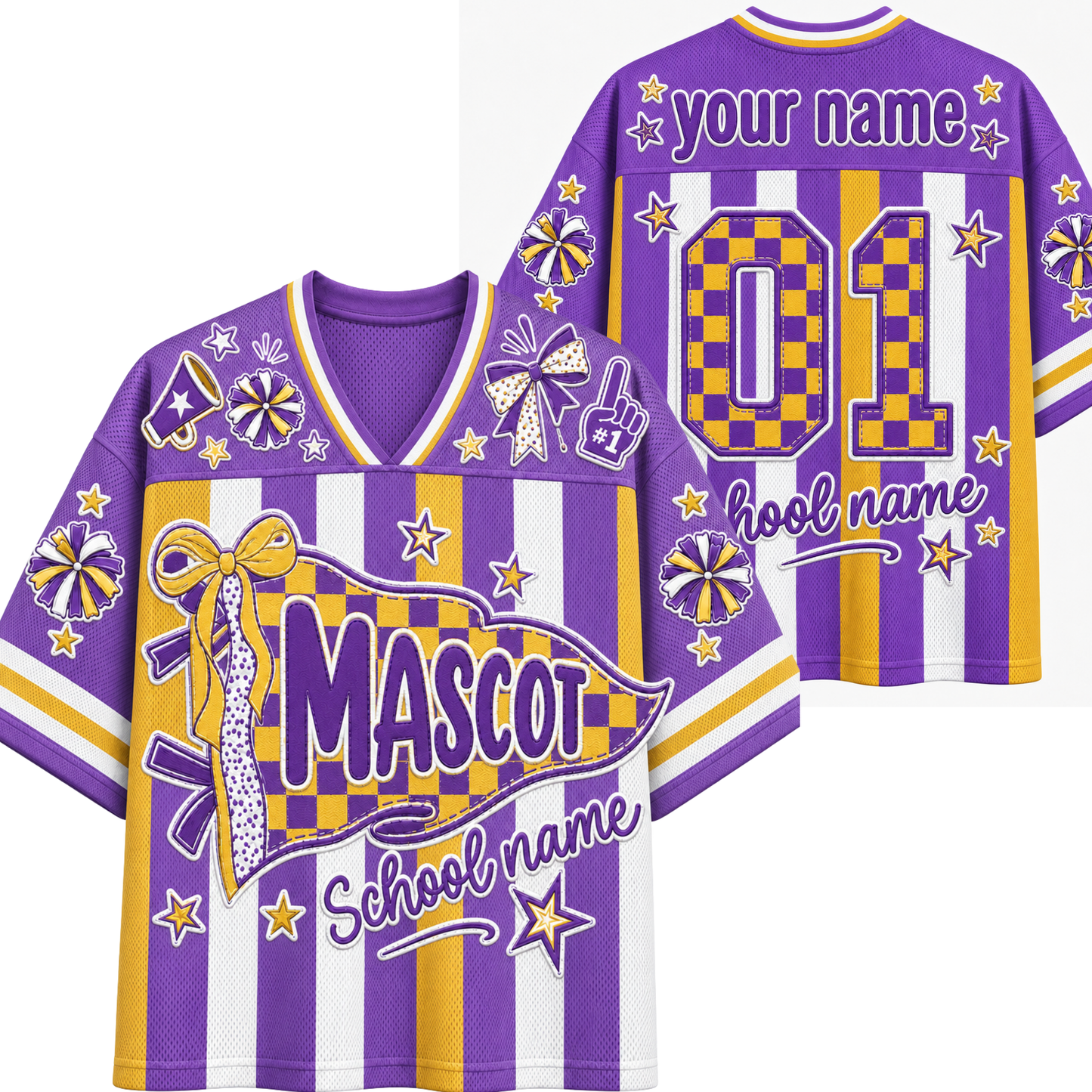 Customizable purple and white striped mascot jersey shown from both front and back views. Features yellow and purple checkered accents, stars, pom-poms, a ribbon graphic, and placeholder text for 'your name', '01', and 'school name'.
