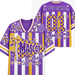 Customizable purple and white striped mascot jersey shown from both front and back views. Features yellow and purple checkered accents, stars, pom-poms, a ribbon graphic, and placeholder text for 'your name', '01', and 'school name'.