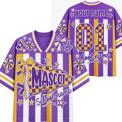 Customizable purple and white striped mascot jersey shown from both front and back views. Features yellow and purple checkered accents, stars, pom-poms, a ribbon graphic, and placeholder text for 'your name', '01', and 'school name'.
