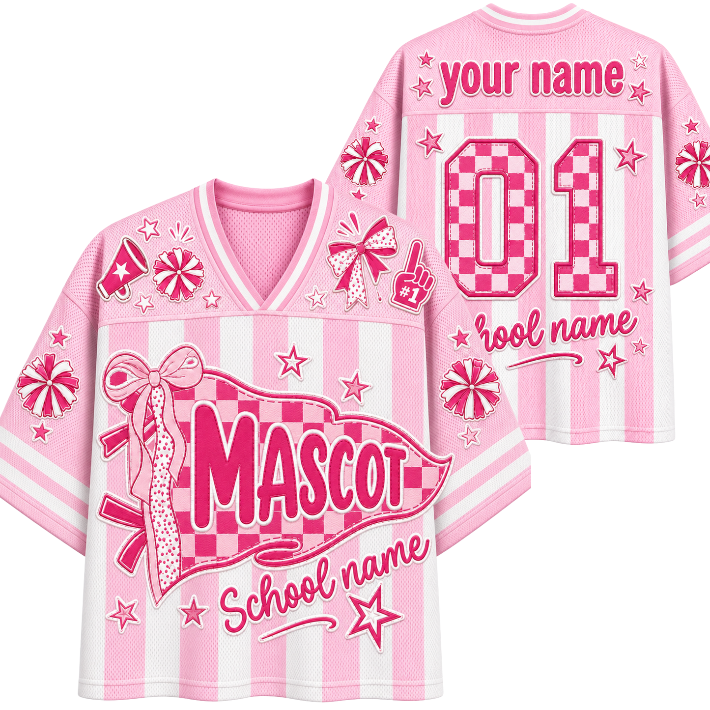 A split screen mockup showing the front and back of the pink Chaotic Club candy stripe mascot jersey featuring a coquette pennant flag, bow graphics, and custom back number 01.