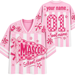 A split screen mockup showing the front and back of the pink Chaotic Club candy stripe mascot jersey featuring a coquette pennant flag, bow graphics, and custom back number 01.
