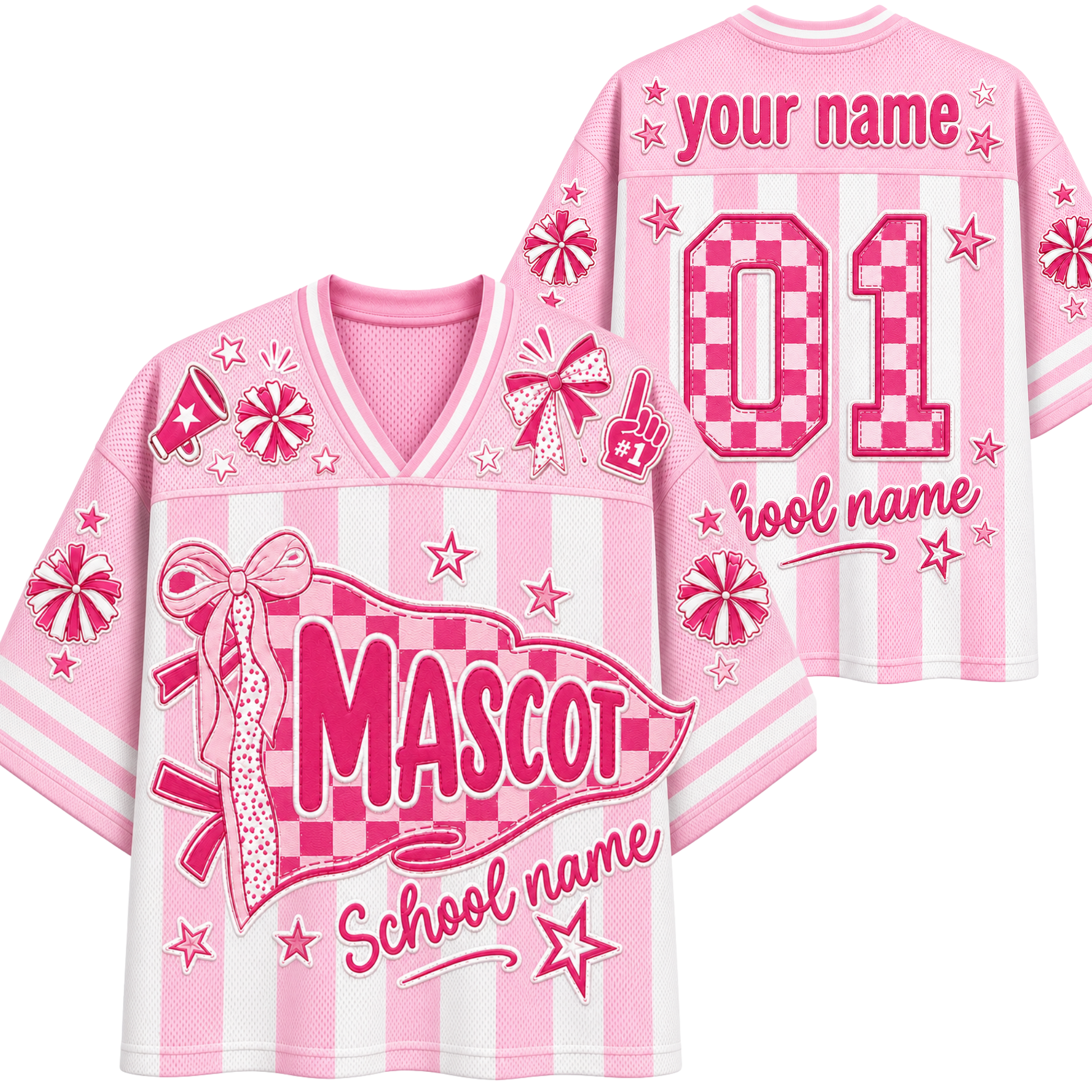 A split screen mockup showing the front and back of the pink Chaotic Club candy stripe mascot jersey featuring a coquette pennant flag, bow graphics, and custom back number 01.