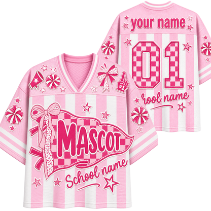 A split screen mockup showing the front and back of the pink Chaotic Club candy stripe mascot jersey featuring a coquette pennant flag, bow graphics, and custom back number 01.