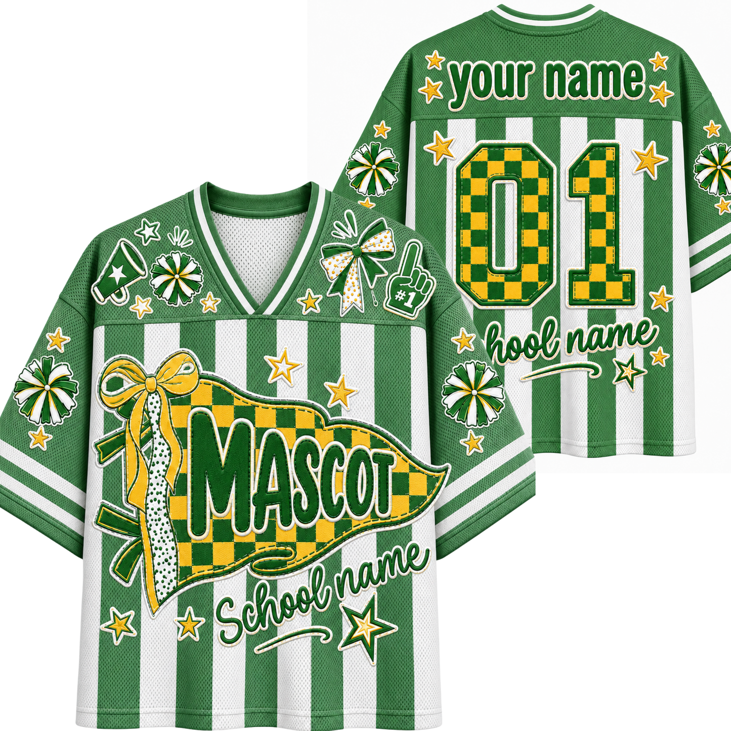 A split screen mockup showing the front and back of the green Chaotic Club candy stripe mascot jersey featuring a coquette pennant flag, bow graphics, and custom back number 01.