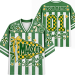 A split screen mockup showing the front and back of the green Chaotic Club candy stripe mascot jersey featuring a coquette pennant flag, bow graphics, and custom back number 01.