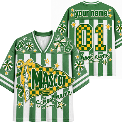 A split screen mockup showing the front and back of the green Chaotic Club candy stripe mascot jersey featuring a coquette pennant flag, bow graphics, and custom back number 01.