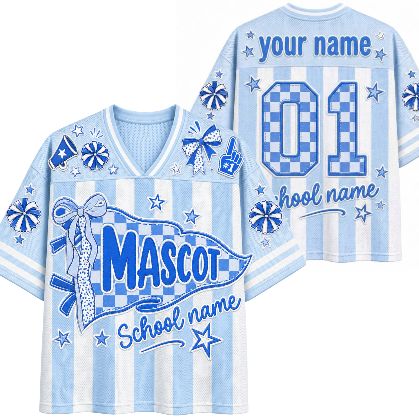 Customizable light blue and white striped athletic mascot jersey shown from both front and back. Features customizable text placeholders like 'your name', '01', and 'School name', along with blue ribbon, stars, and bow graphics.