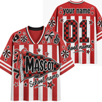 A split screen mockup showing the front and back of the red Chaotic Club candy stripe mascot jersey featuring a coquette pennant flag, bow graphics, and custom back number 01.