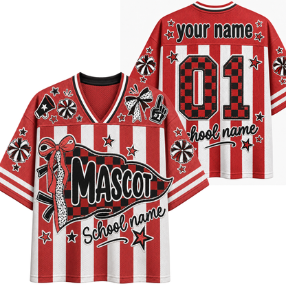 A split screen mockup showing the front and back of the red Chaotic Club candy stripe mascot jersey featuring a coquette pennant flag, bow graphics, and custom back number 01.